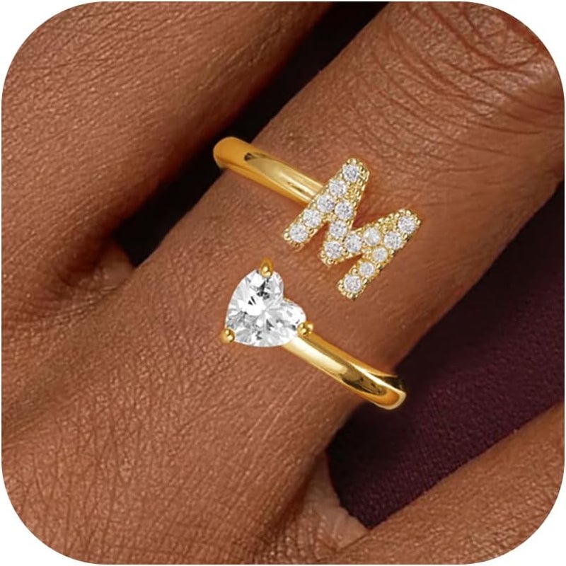 Treasure Bender Valentines Day Gifts Initial Gold Rings for Girls Women - Dainty 14K Gold Plated Adjustable Letter A-Z Rings Teen Girls Gifts Trendy Stuff Heart CZ Initial Ring Teens Birthday Gift - Image 1
